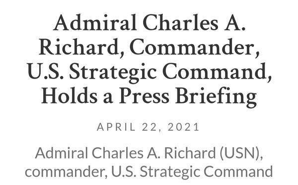 찰스 리처드 미국 전략사령관이 미 국방부 홈페이지에 브리핑 전문을 공개했다. ⓒ미 국방부 홈페이지