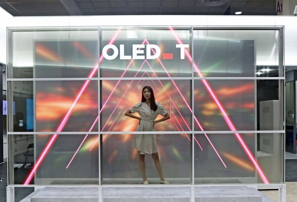 10일 서울 코엑스에서 열린 'K-디스플레이 2022'에서 55인치 투명 OLED 9대로 홀로그램을 구현한 LG디스플레이 ‘투명 포토월’을 체험하는 모습. ⓒLG디스플레이