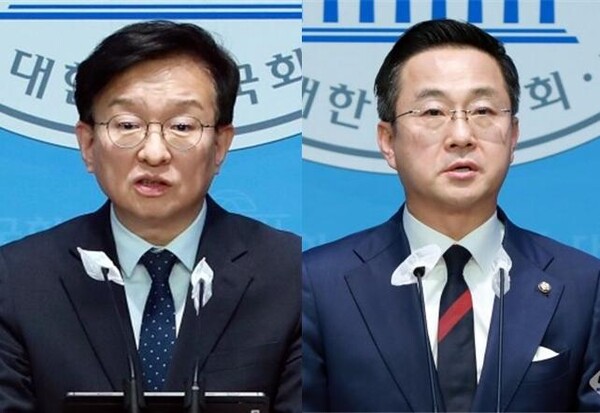 더불어민주당 권칠승 수석대변인(좌)과 박성준 대변인(우). 시사포커스DB